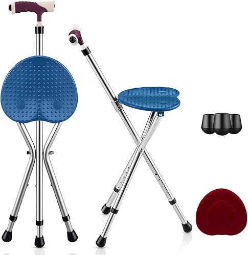 Miniatura 10 de GYMAX Combo de silla de bastón, asiento plegable de caña con luz LED, tabla de asiento de masaje y mango ergonómico, bastón antideslizante ajustable