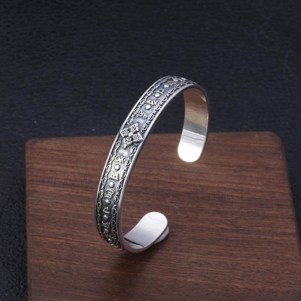 S925 Vintage Pulsera De Plata para Mujeres Hombres Apertura De Seis Caracteres, Instrumento Mantra Budista Sencillo Y Simple Estilo Chino Personalidad Creativa Encanto Hermoso Regalo