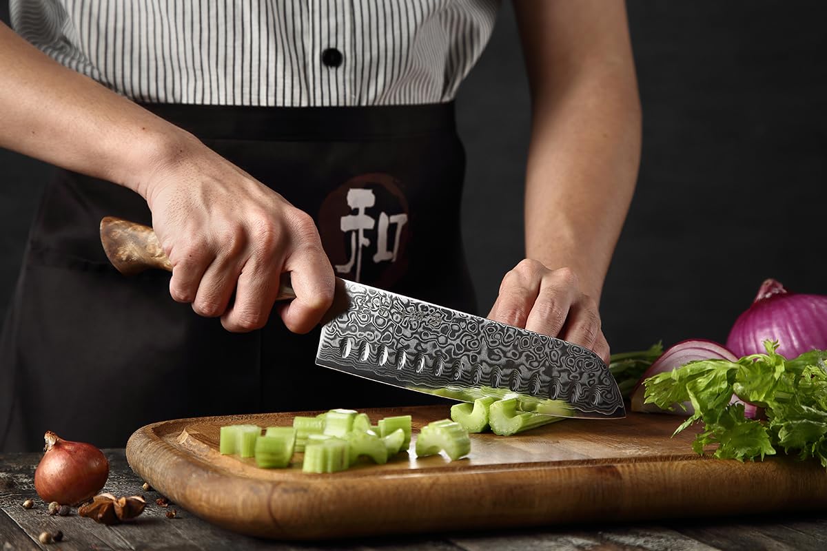 HEZHEN Nóż Santoku, Nóż Szefa Kuchni ze Stali Damasceńskiej, Azjatycki Nóż Kuchenny w Stylu Japońskim,Rękojeść z Drewna Sycamore