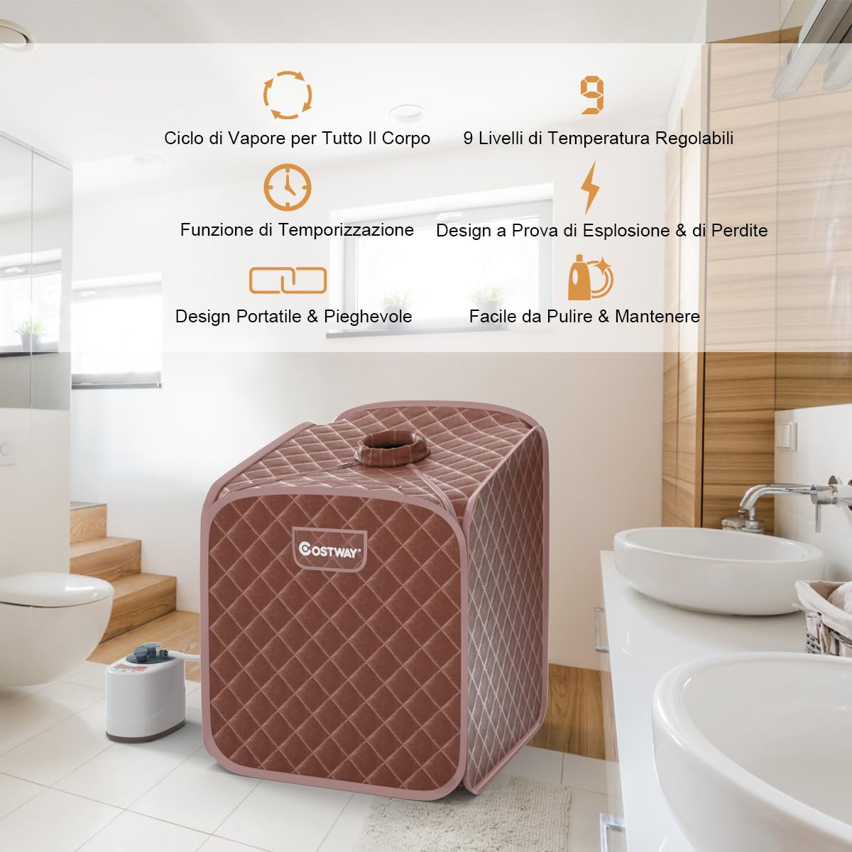 COSTWAY Cabina Sauna a Vapore, Sauna da Casa Portatile con Telecomando, 9 Livelli di Temperatura, Timer 99 Minuti e Sedia Pieghevole, Spa Personale per Casa (Caffè)