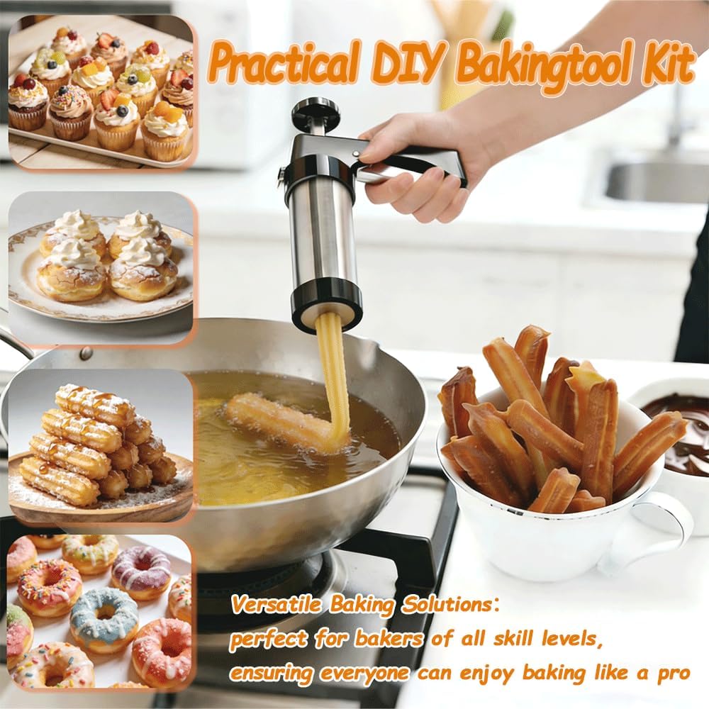 Cookie Press Gun Kit, Spritz Cookie Maker with 13 Discs & 8 Icing Tips, 2 Donut Molds & Piping Bags, Stainless Steel Baking Set for Cookies, Donuts, Churros & Cake Decorating