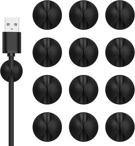 Clips para cables, 12 unidades, organizador de cables adhesivos negros, soporte para gestión de cables para mesita de noche, escritorio, oficina o
