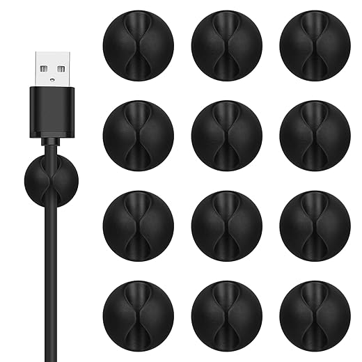 Cord Holder Cable Clips, 12PCS Black Adhesive Cord Organizer Charger Holder Wire Management Keeper for Nightstand, Desk, Office or Mouse