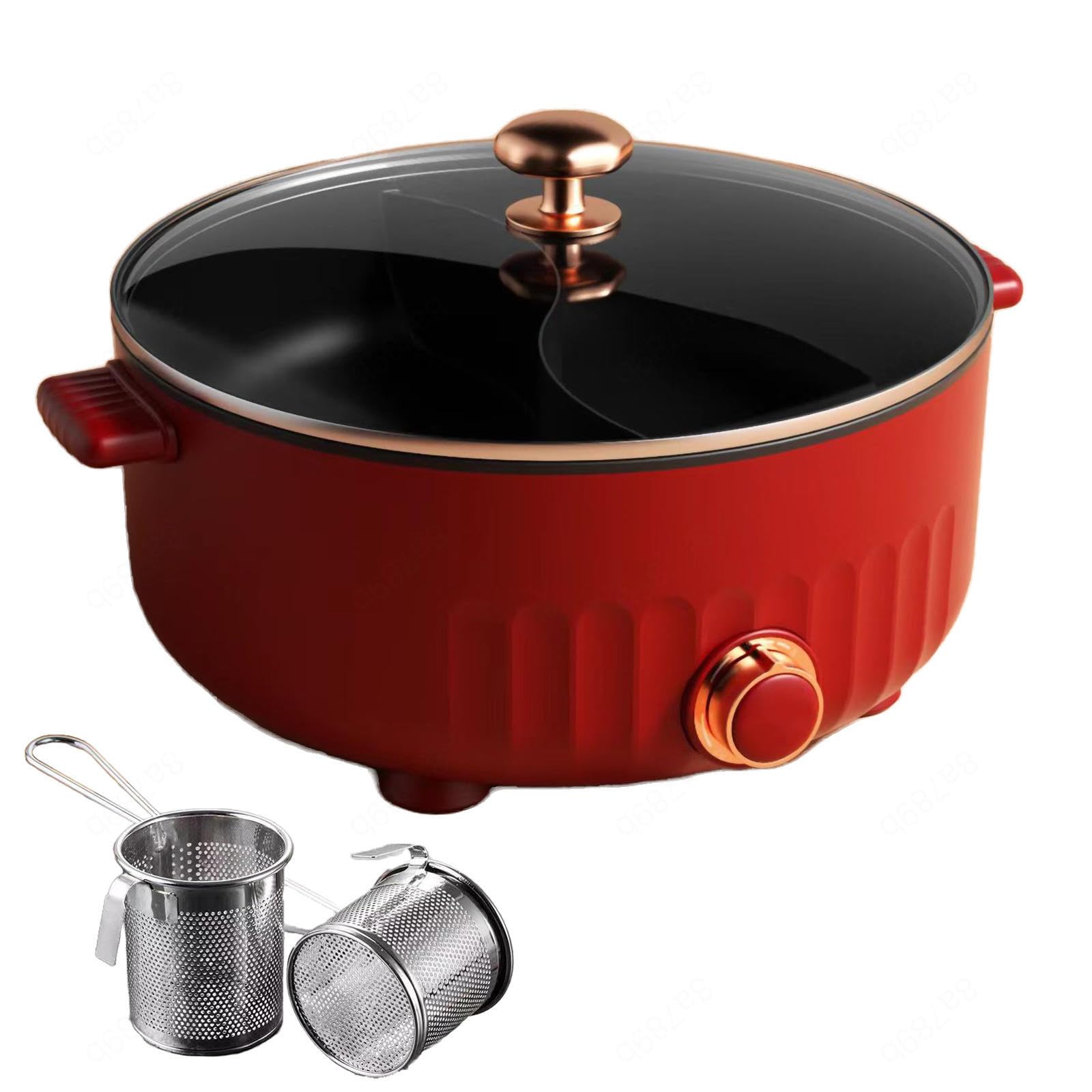 ARTSIM Fondue Chinoise Electrique, Feu à Trois Vitesses Appareil Fondue Chinoise Individuelle IdéAl pour Les RéUnions De Famille (avec 2 Filets Non éTanches),Red