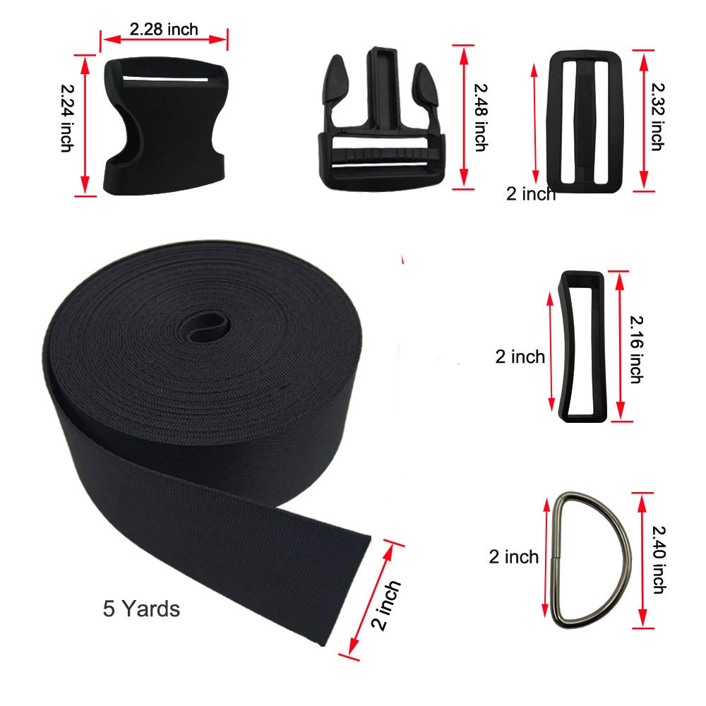 Czarny nylonowy ciężki pasek parciany 5 cm + 5 szt. płaskich bocznych sprzączek zwalniających, pierścienie D i klapki Tri-Glide, zestaw plastikowych sprzączek do obroży dla zwierząt domowych,