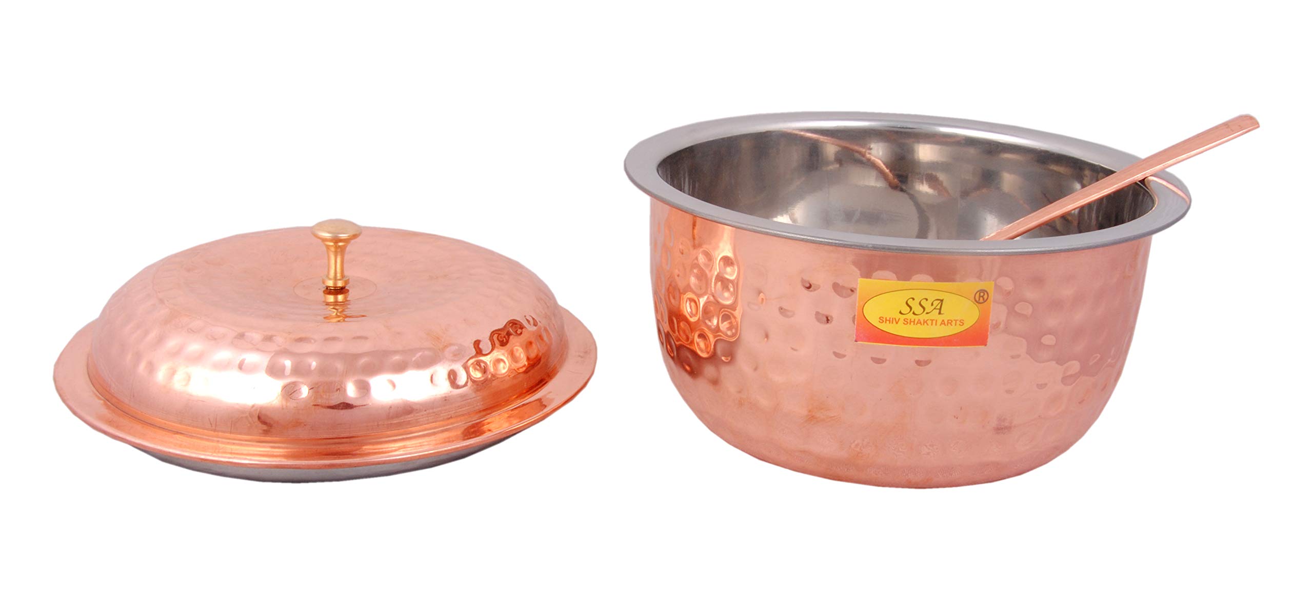 Shiv Shakti Arts® Steel Copper Handi | Casserole - With Lid & Spoon - (Hammer Matthar Design - 1500 ml)