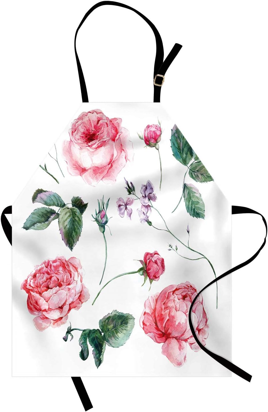 Lunarable Flower Apron, Shabby Form Vintage Style Watercolor Roses Branches Wildflowers Hand Print Image, Unisex Kitchen Bib Apron with Adjustable Neck for Cooking Baking Gardening, Pink and Green