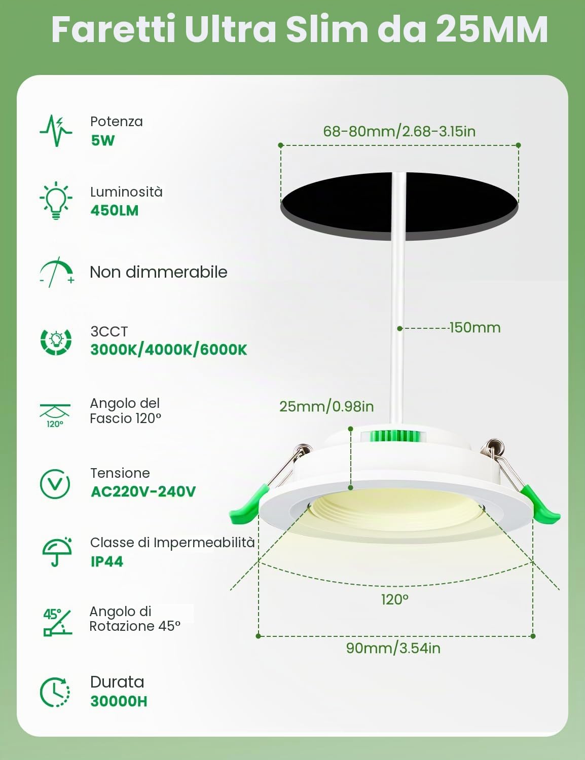 Faretti LED da Incasso Orientabili, Foro Ø68-80 mm, 5 W 450 lm | Set da 12, 3000/4000/6000 K a Scelta, IP44, Non Dimmerabili, Faretti da Soffitto in Cartongesso per Bagno, Cucina e Soggiorno