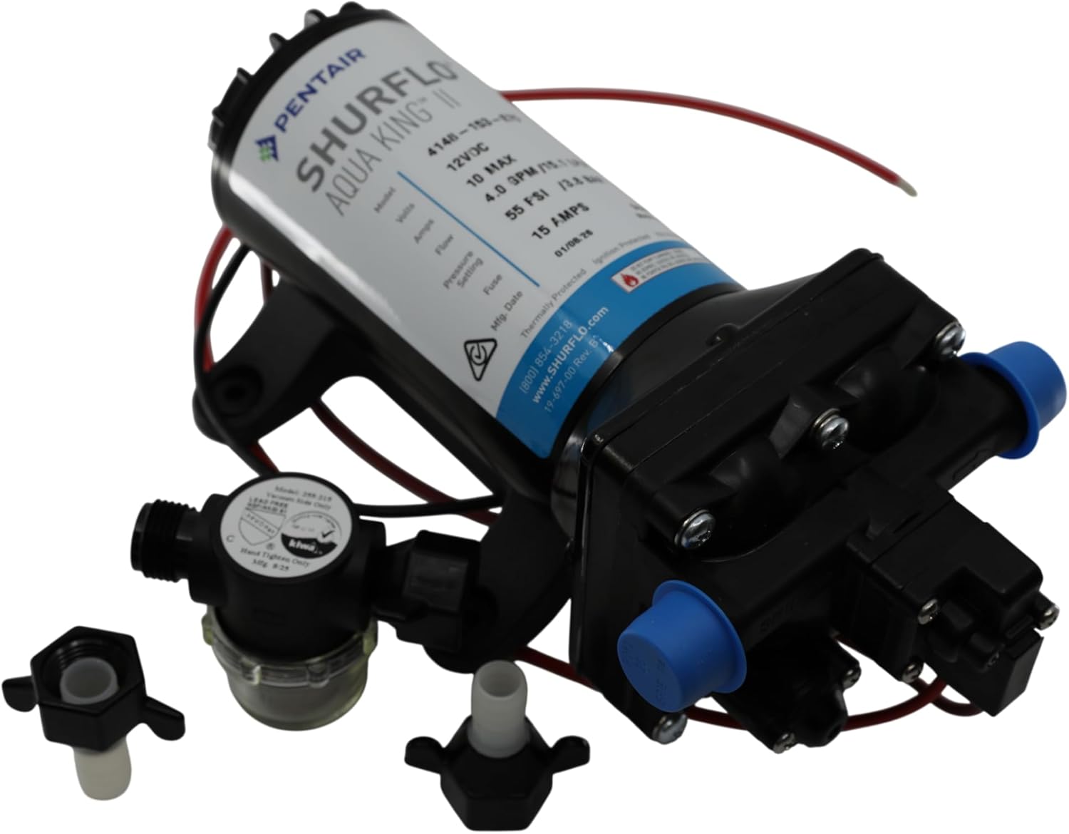 PENTAIR SHURFLO 4148-153-E75 Aqua King II Premium Fresh Water Pump 4.0, 12VDC Marine RV Water Pump, 4.0 GPM Demand Pump, 55 PSI Shut Off, Self Priming 6 Ft, Multi Fixture Boat Cabin Water System Pump