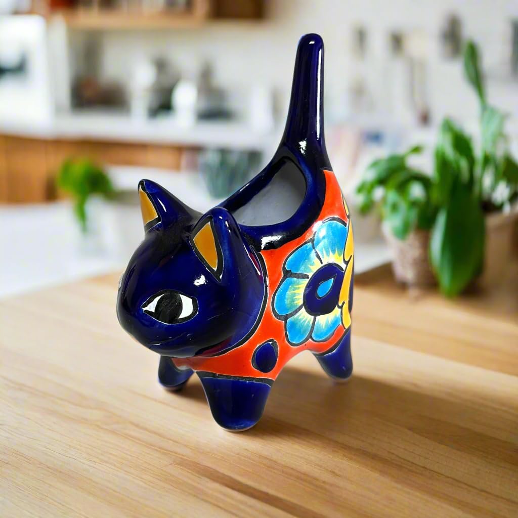 Handmade Colorful Talavera Cat Planter | Handcrafted Mexican Pottery