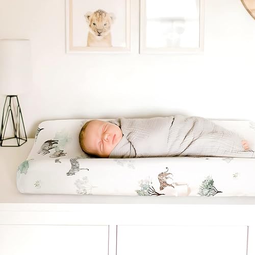 Miniatura 3 de GRSSDER Juego de 2 fundas elásticas para cambiador de punto de jersey ultra suave, fundas para cambiadores de mesa que se ajustan a almohadillas de