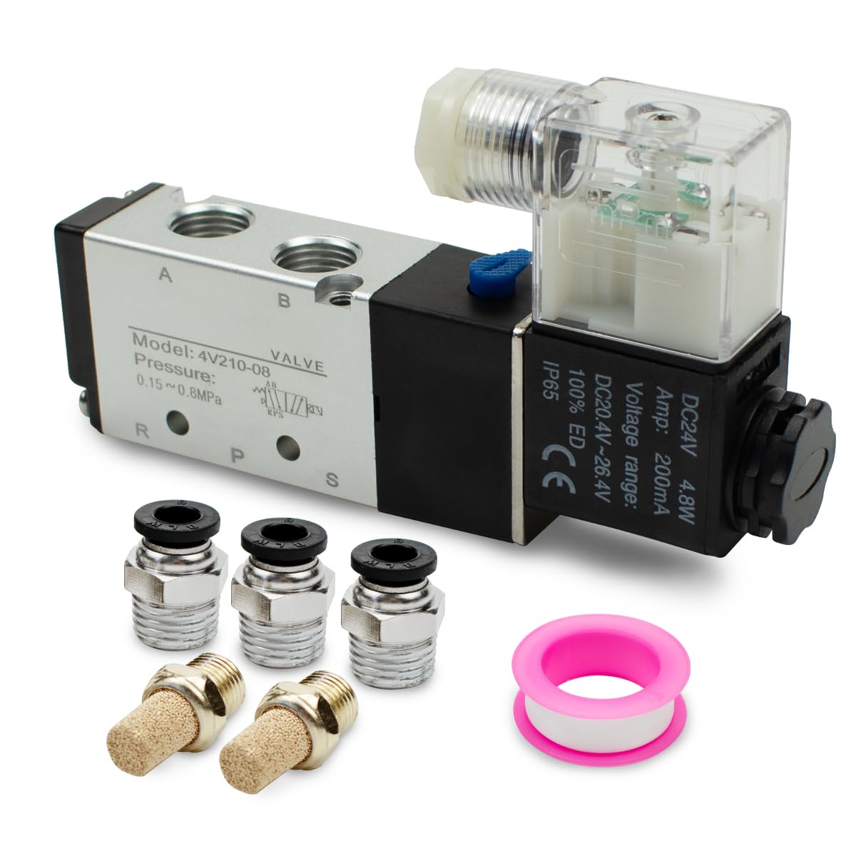 1 électrovanne électropneumatique 4v210-08 - dc24v 5 voies 2 positions BSP 1/8 avec 3 pc6-02 et 2 silencieux et 1 ruban Teflon