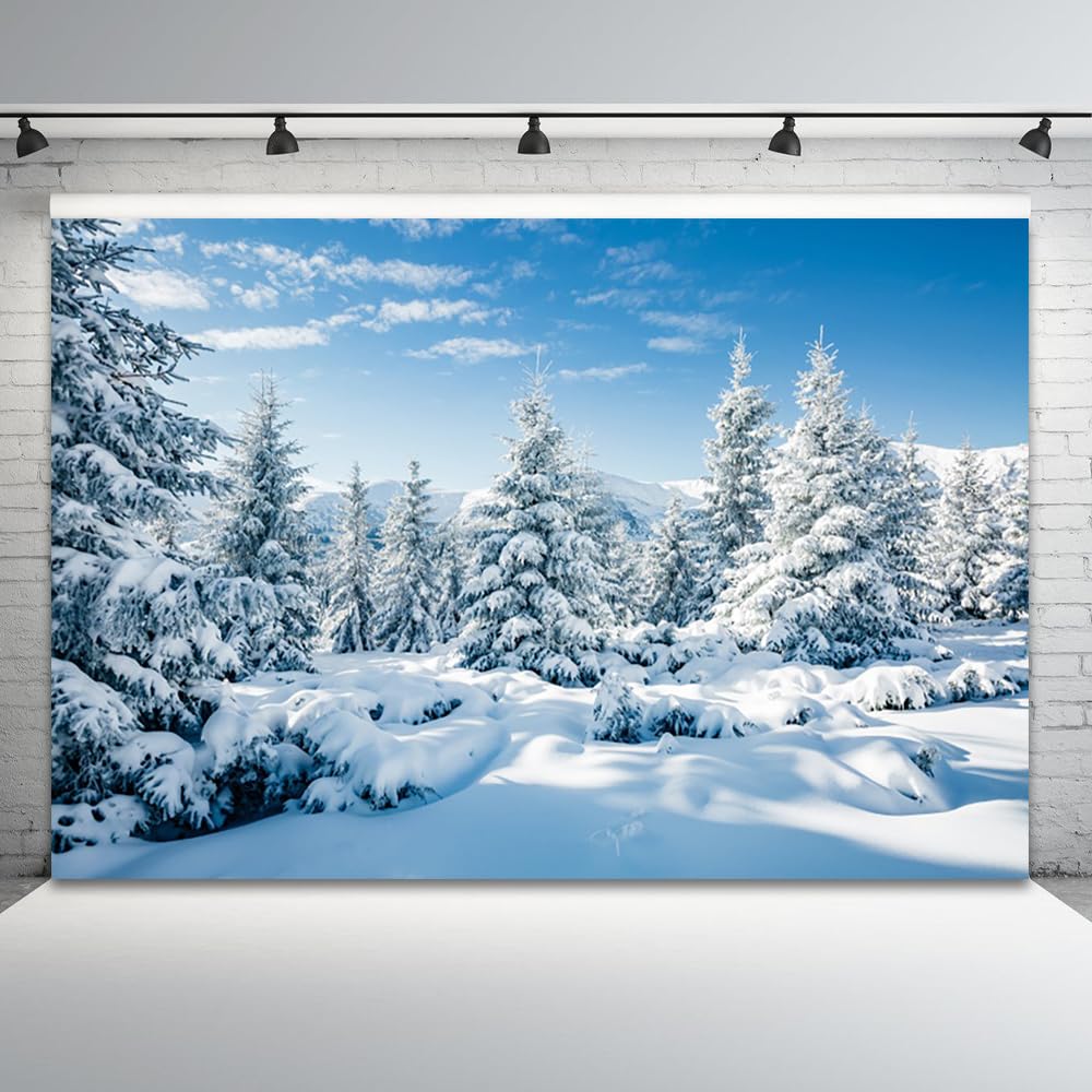 3 x 2,4 m Inverno Paese delle Meraviglie Sfondo Neve Foresta Fotografia di Natale Sfondo Bianco Scena innevata Pini Blu Cielo Nuvola Banner Decorazioni Natale Capodanno Vacanze Festa Photo