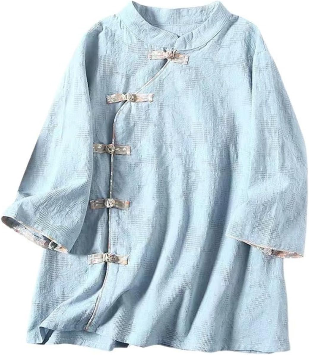 Women’s Mandarin Disk Button Stand Collar 3/4 Sleeve Retro Chinese Style Shirt Summer