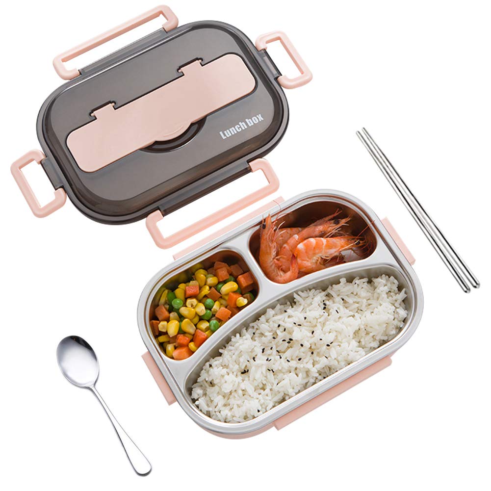 amropi Bento Box Stainless Steel Lunch Containers 2/3/4/5 Compartment Food Storage with Chopsticks and Spoon (Pink, 3 Compartment)