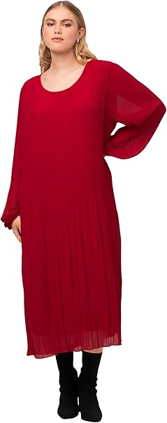 Vestido Plisado, Estampado De Mármol, Pliegues Godet, Cuello Redondo, Manga Larga, Gris Luminoso | Ulla Popken