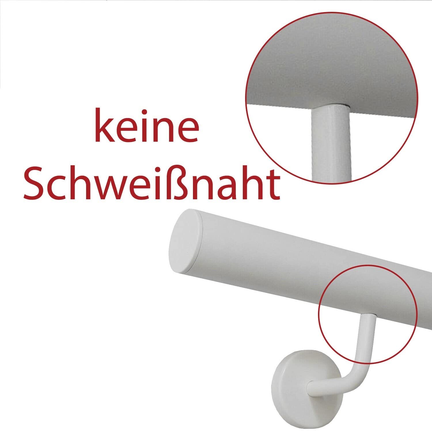 TIBU Handlauf Edelstahl weiß pulverbeschichtet 42,4 mm Geländer innen außen wetterfest, Länge 120 cm mit 2 Halter Enden gerade Kappe