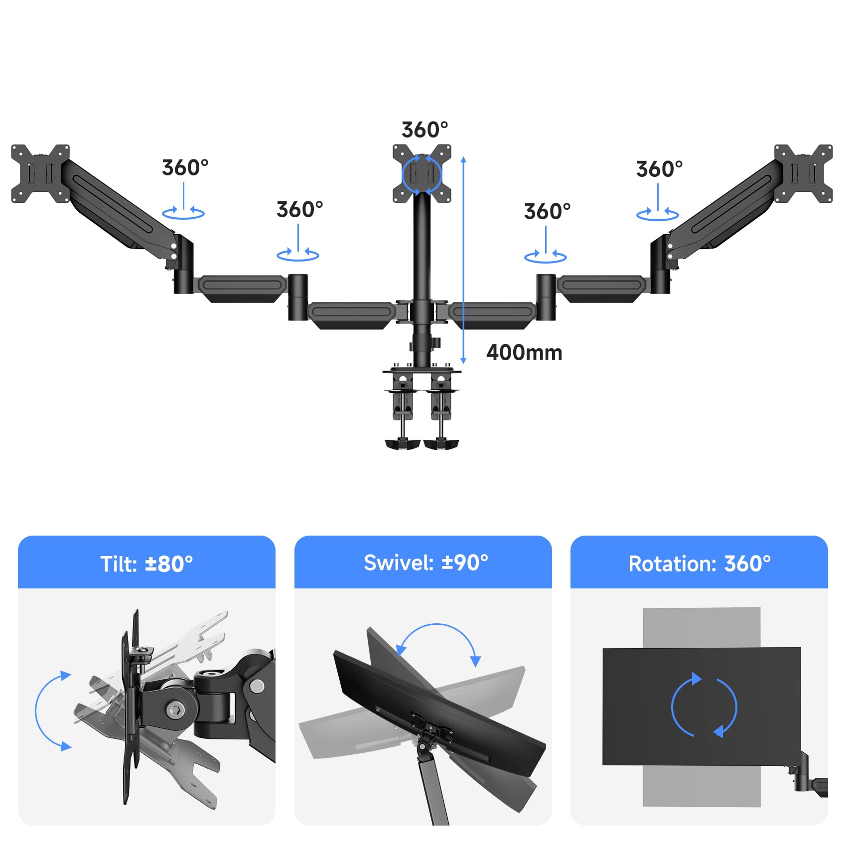 suptek Supporto per monitor triplo - 3 monitor con braccio per monitor a molla a gas adatto a tre schermi LCD piatti da 17 a 32" con morsetto, nero MD8003