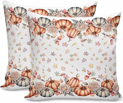 Fall Throw Pillow Covers 20x20 Inch Set of 2 Pumpkin Dahlia Flower Decorative Pillows Cushion Case Thanksgiving Pillowcases Autumn Maple Leaves Throw Pillows for Couch Sofa Bed Chair Autumn Decor