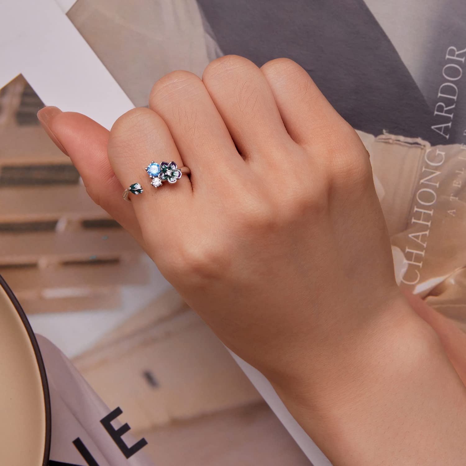 Anello con Apertura Floreale Anello di Fidanzamento in Argento Sterling 925 per Donna