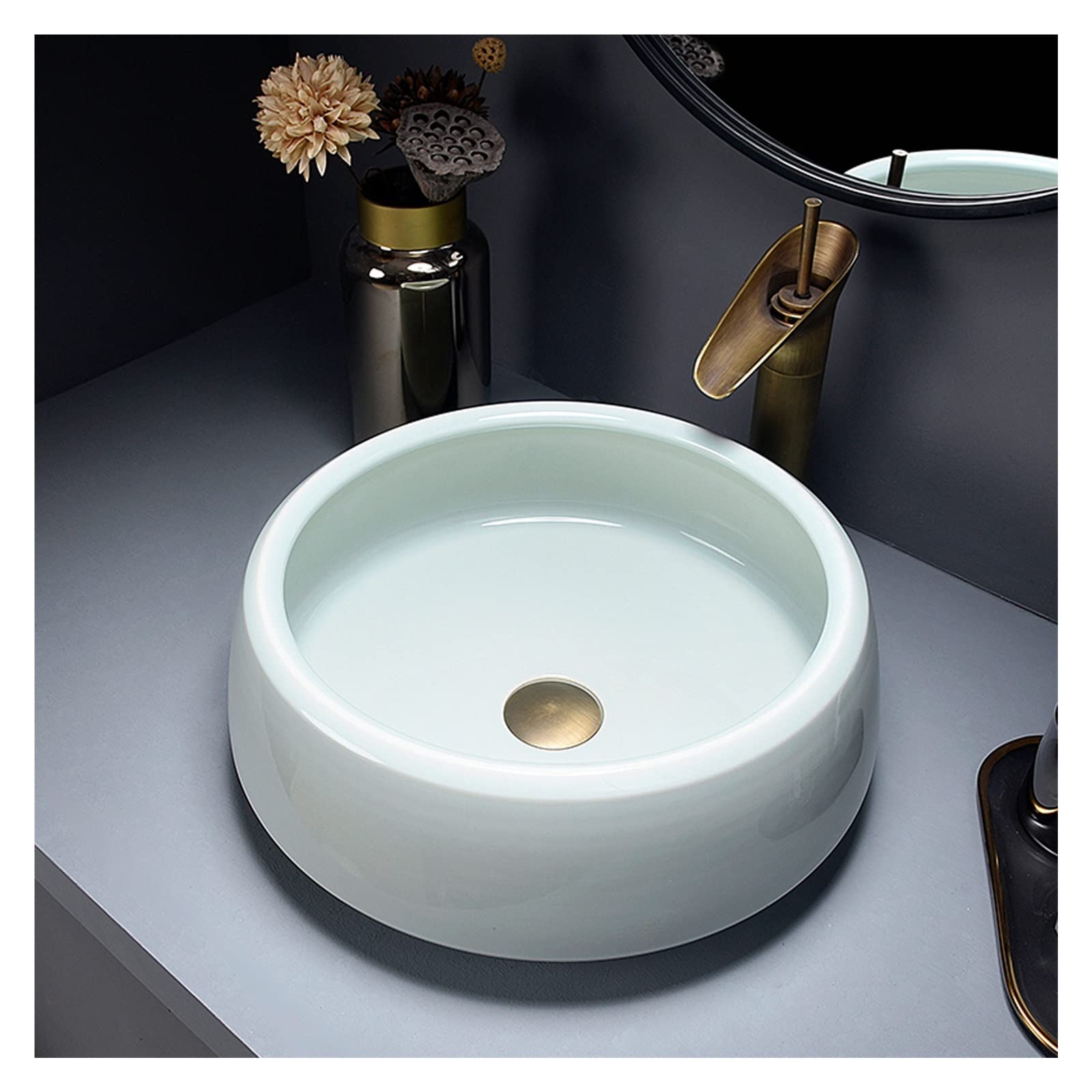 TIANQIHAO Round Bathroom Vessel Sink And Faucet Combo,Minimalism Ceramic Art Basin,Above Counter Lavatory Vanity Sinks Artistic Bowl