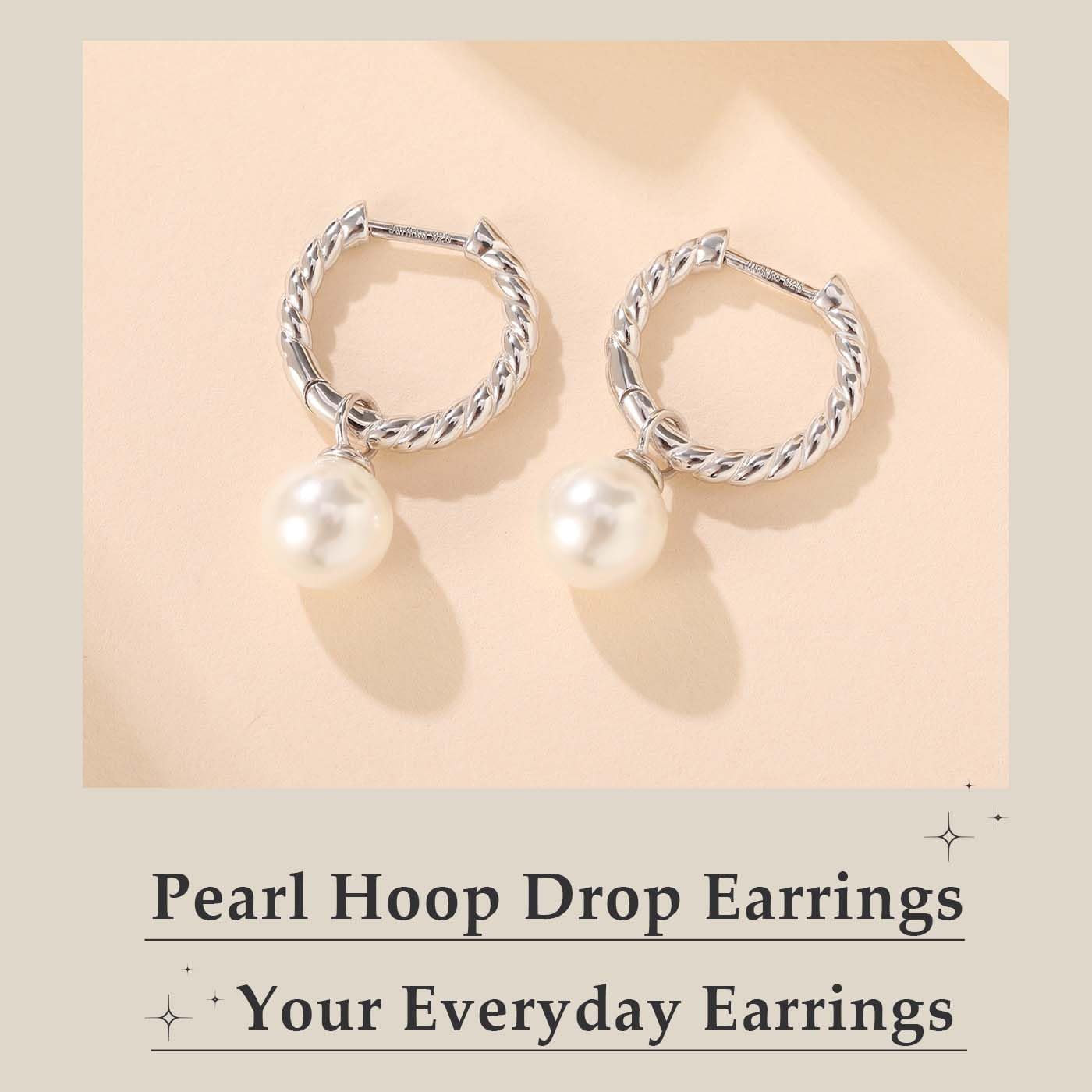 Pearl Earrings for Women 925 Sterling Silver Hoop Earrings Shell Pearl Drop Earrings Dangling 2 in 1 Style - Image 4