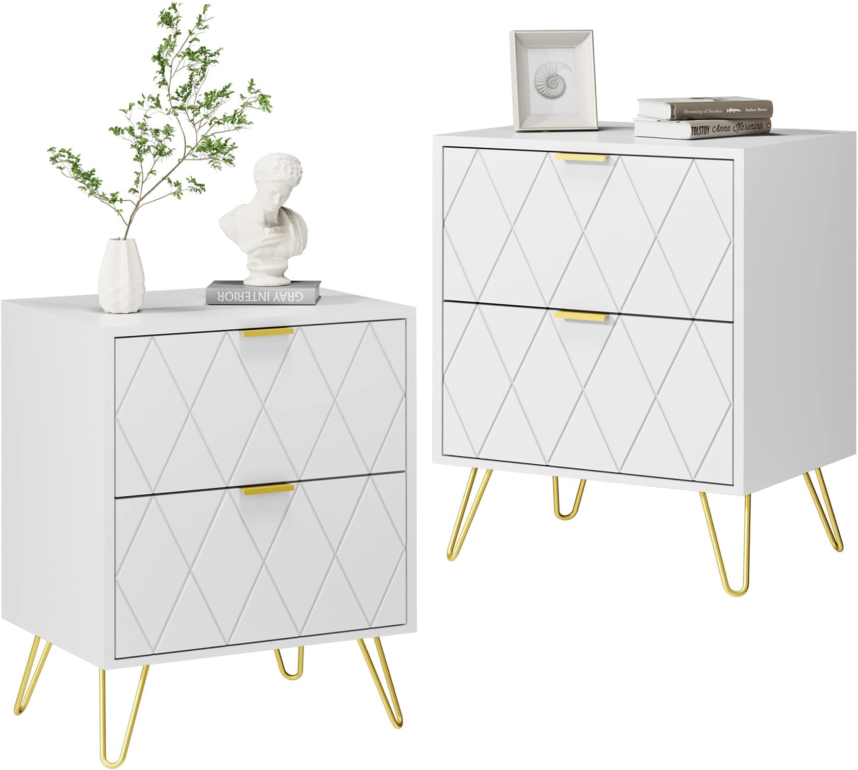 Anbuy White Nightstand Set of 2, End Side Table Double, Bedside Table with 2 Drawers, Dual Night Stand Metal Gold Legs for Bedroom Living Room
