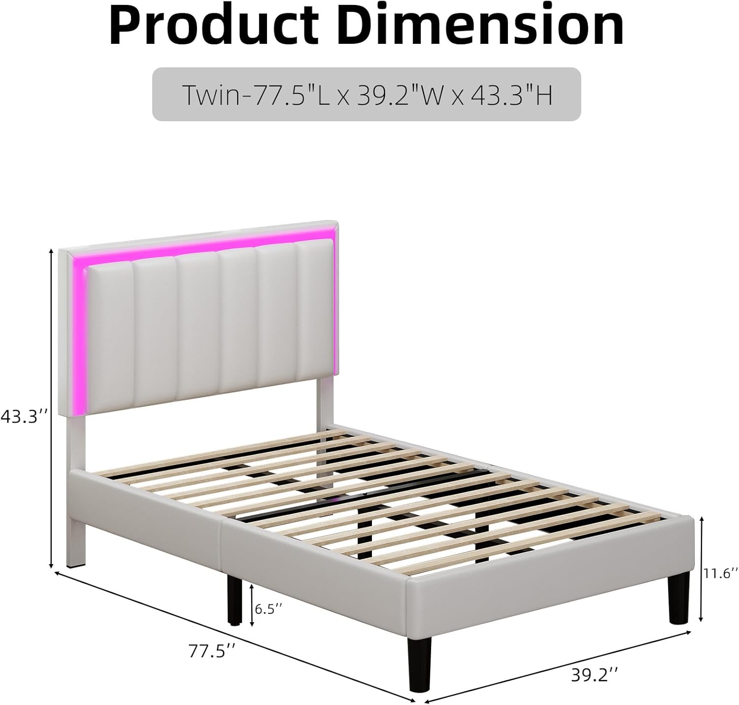 Twin Bed Frame with Headboard and LED Lights, Faux Leather Upholstered Bed Frame Twin, Twin Bed Frames for Kids, No Box Spring Needed, Noise-Free, Easy Assembly, White
