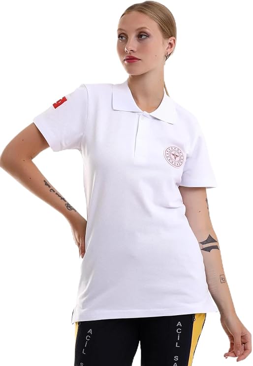112 Acil Sağlık Yakalı Tshirt Kısa Kol Baskılı - Beyaz