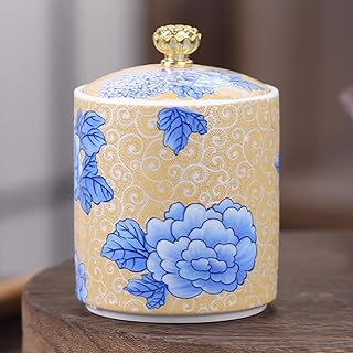 8.5 oz Classic Porcelain Salt Cellar with Airtight Lid,Floral Spice Jar,Moisture-Proof Ceramic Salt Container for Kitchen Countertop & Dining Table Decor,Farmhouse Gift(Auspicious Bloom Yellow)