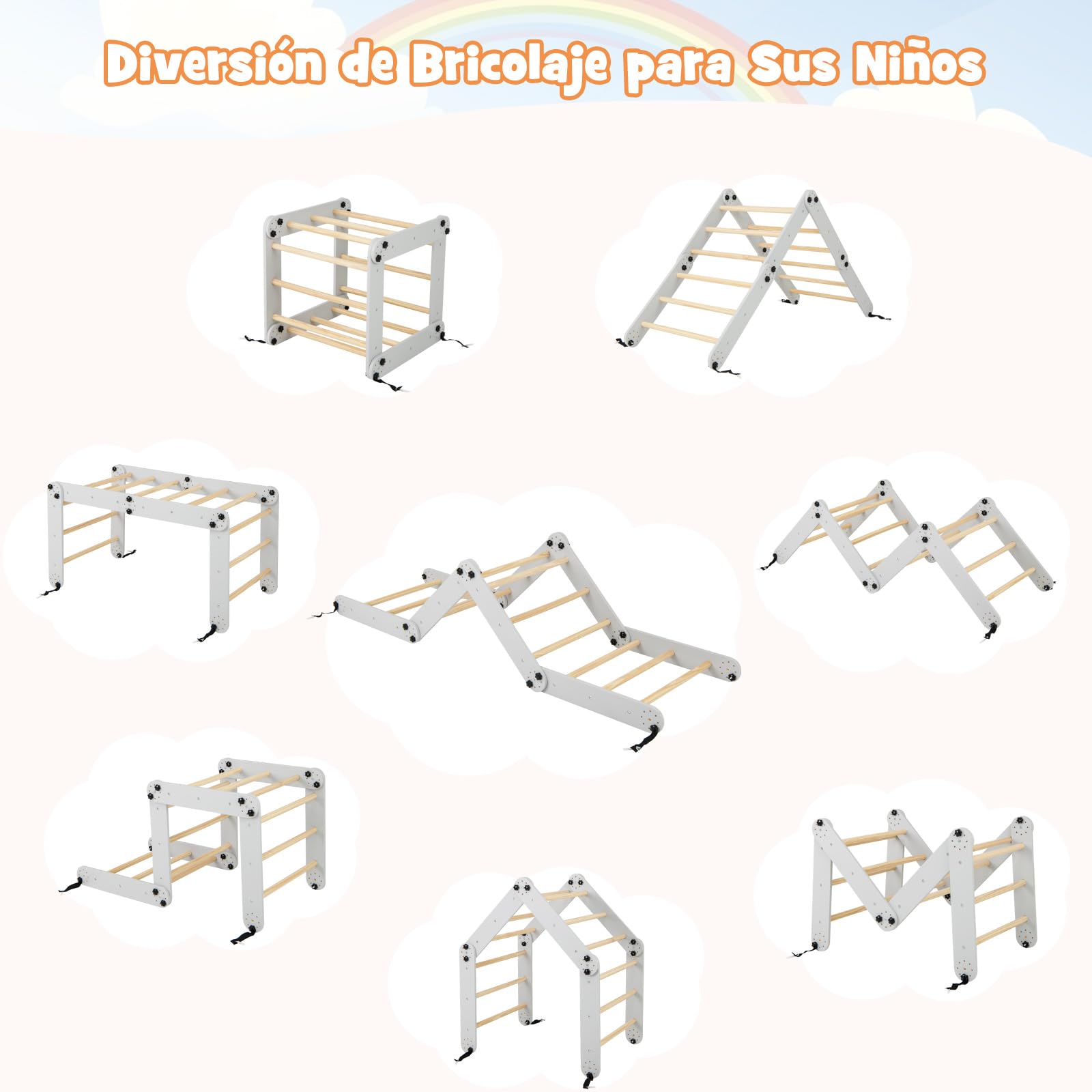 COSTWAY Juego de Escalada Montessori, Escalador de Madera Plegable con Rampa Ajustable y Reversible, Rocas de Escalada Coloridas y Balancín, Gimnasio de Escalada Interior para Niños (Gris)