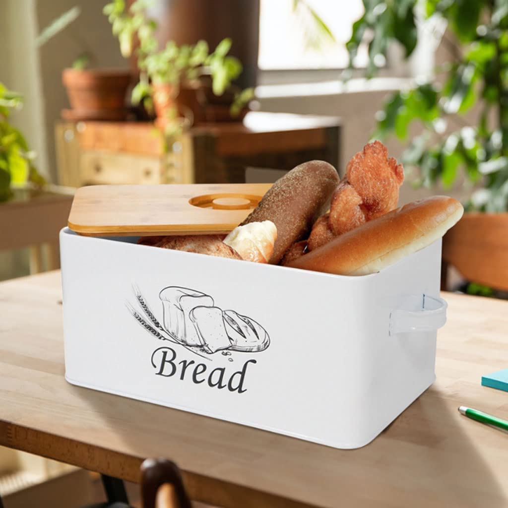 Caja de Pan Creativa para encimeras, panera de Almacenamiento de Pan de Gran Capacidad de Metal con asa y Soporte para Pan con Tapa de Madera (Blanco)