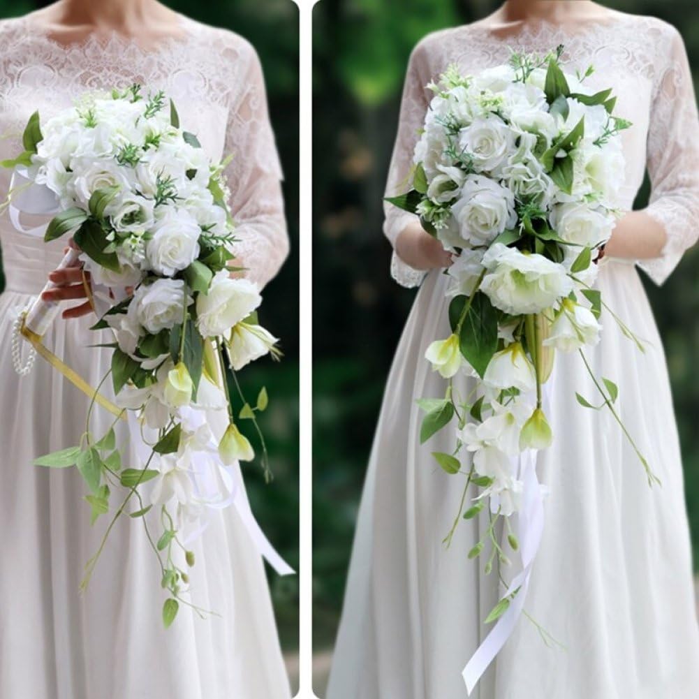 Hochzeitssträuße Für Die Braut, Hochzeitssträuße Kaskadierendem Blumenstrauß Künstlichen Rosen, Spitze, Langem Band, Brautstrauß Für Die Kirchliche Zeremonie