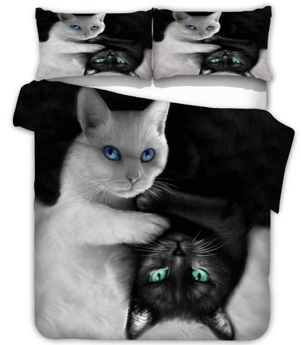 Housse de couette motif chat noir et blanc parure de lit avec effet relief 3D