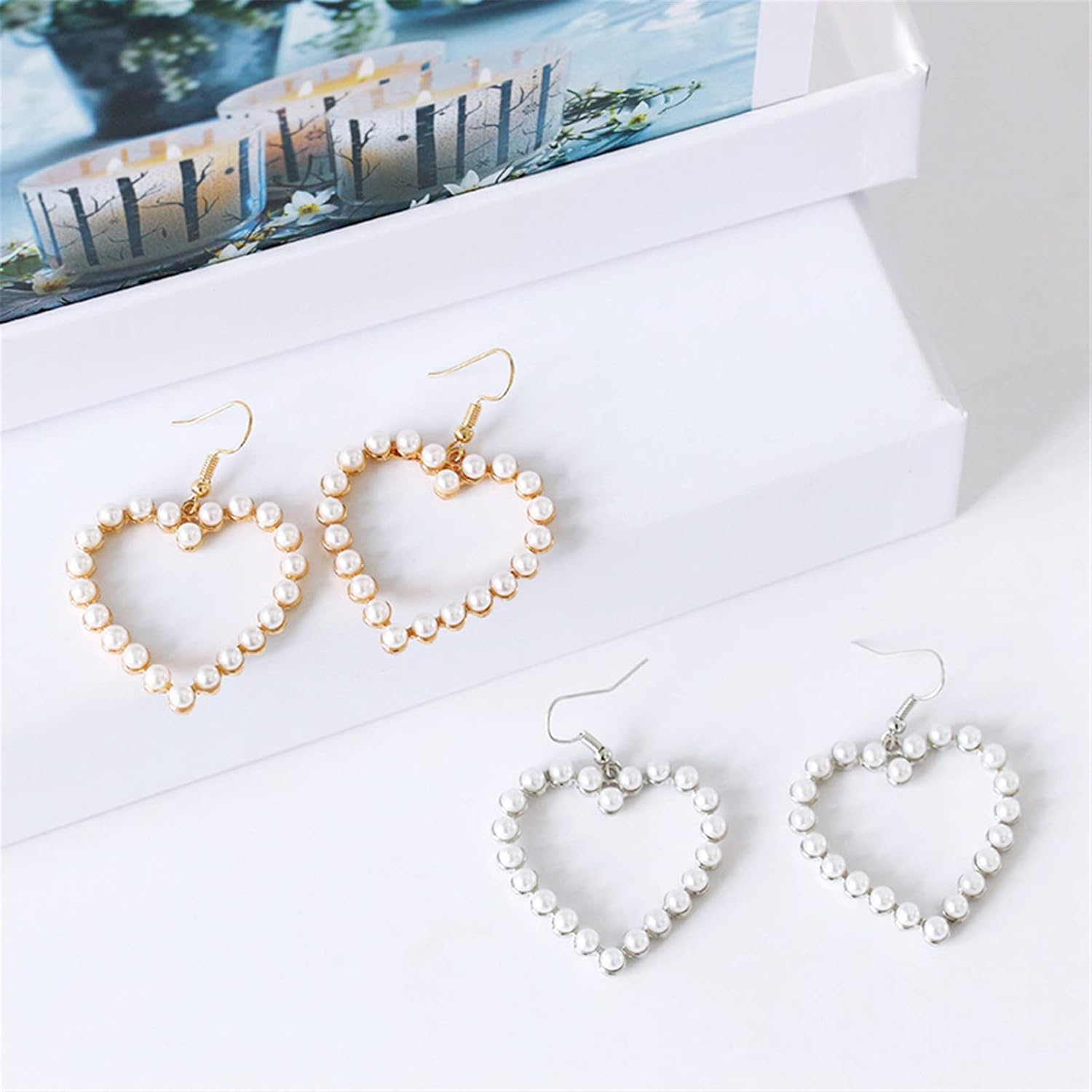 1/2 Pairs Set Pearl Heart Drop Dangle Earrings for Women Elegant Imitation Pearl Love Heart Beaded Loop Earrings Party Wedding Jewelry Gift Dainty Cutie - Image 2
