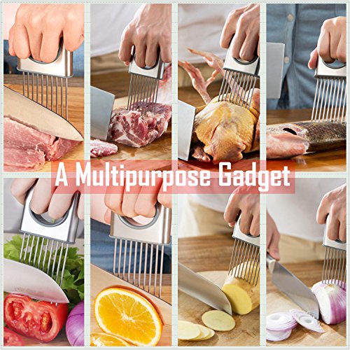 Best Utensils Onion Holder Slicer Vegetable Tools Stainless Steel Easy Onion Holder Slicing Guide Vegetable Tomato Lemon Meat Holder Slicer Tools Cutter, Cutting Kitchen Gadget, Silver #TOP3