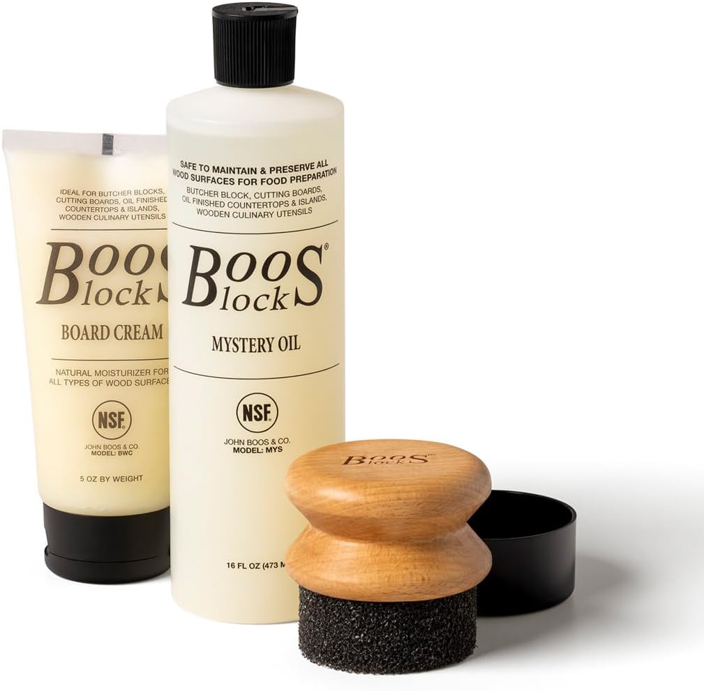 (One Bottle of Mystery Oil, One Tube of Cream and One Applicator) - John Boos Cutting Board Care and Maintenance Set: Includes One 16.5 fl oz Bottle Mystery Oil, One 150 ml bottle Board Cream and One Round Applicator
