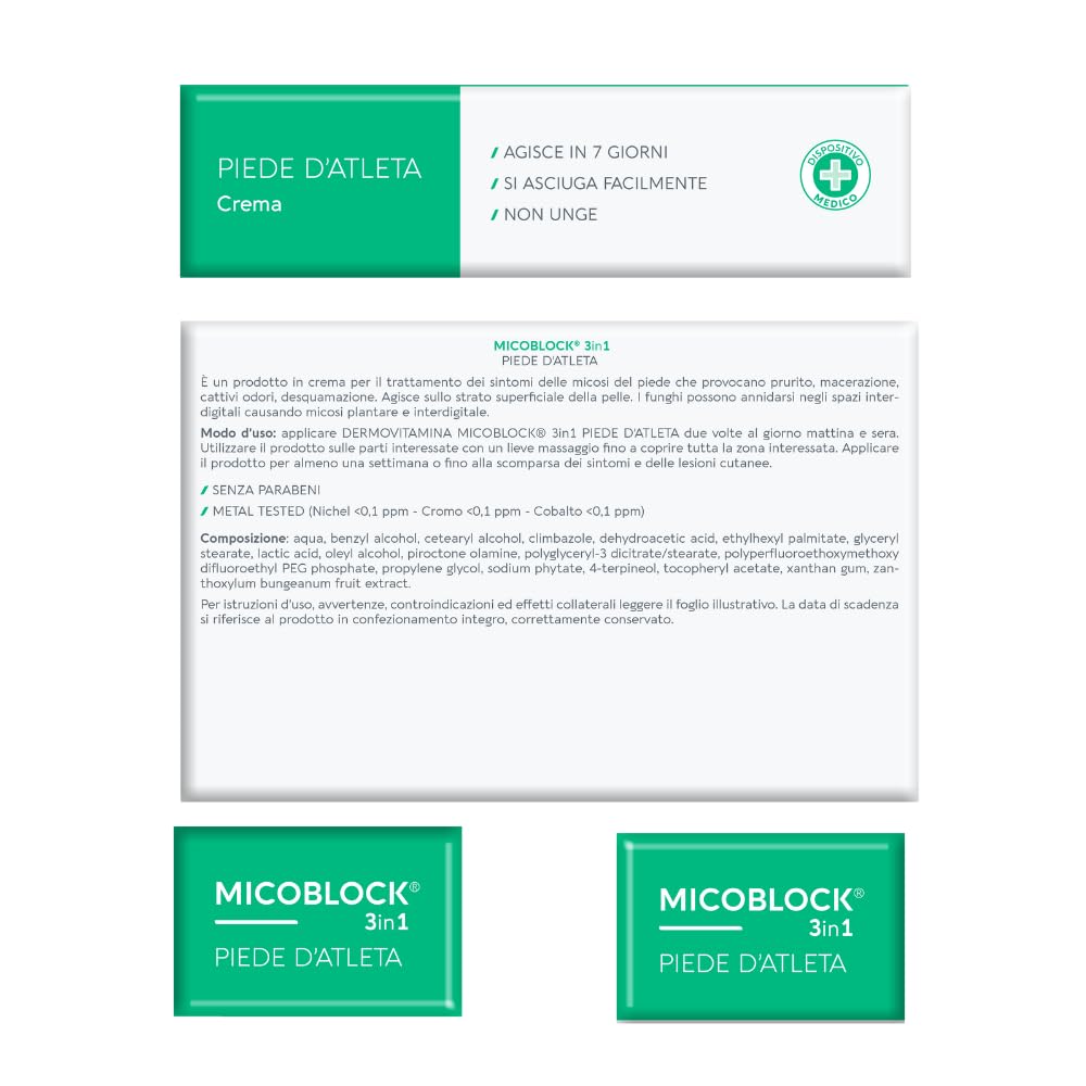 Dermovitamina Micoblock 3in1 Crema Piede d'Atleta - Trattamento dei Sintomi delle Micosi del Piedi - Contro Prurito, Macerazione e Cattivo Odore - Rapida Asciugatura - Senza Acetone - 30 ml