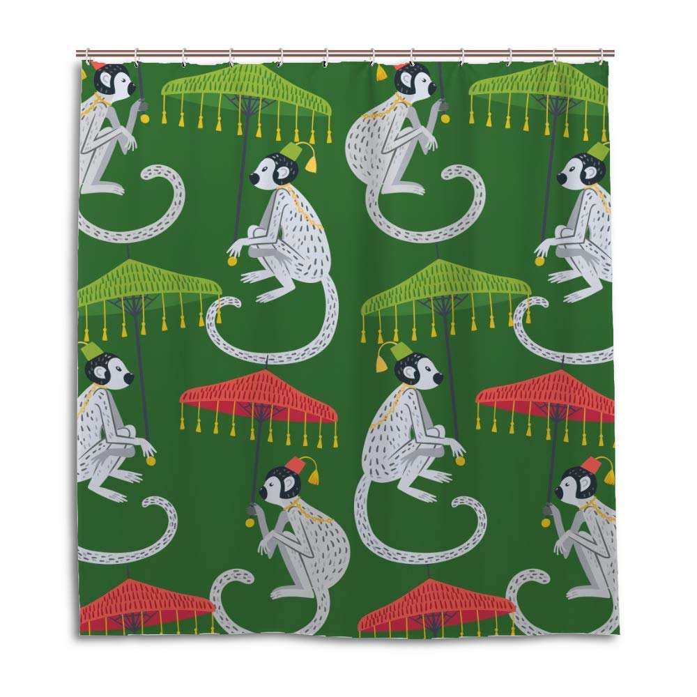 Rideau de douche décoratif pour salle de bain moderne motif singes vert et rouge