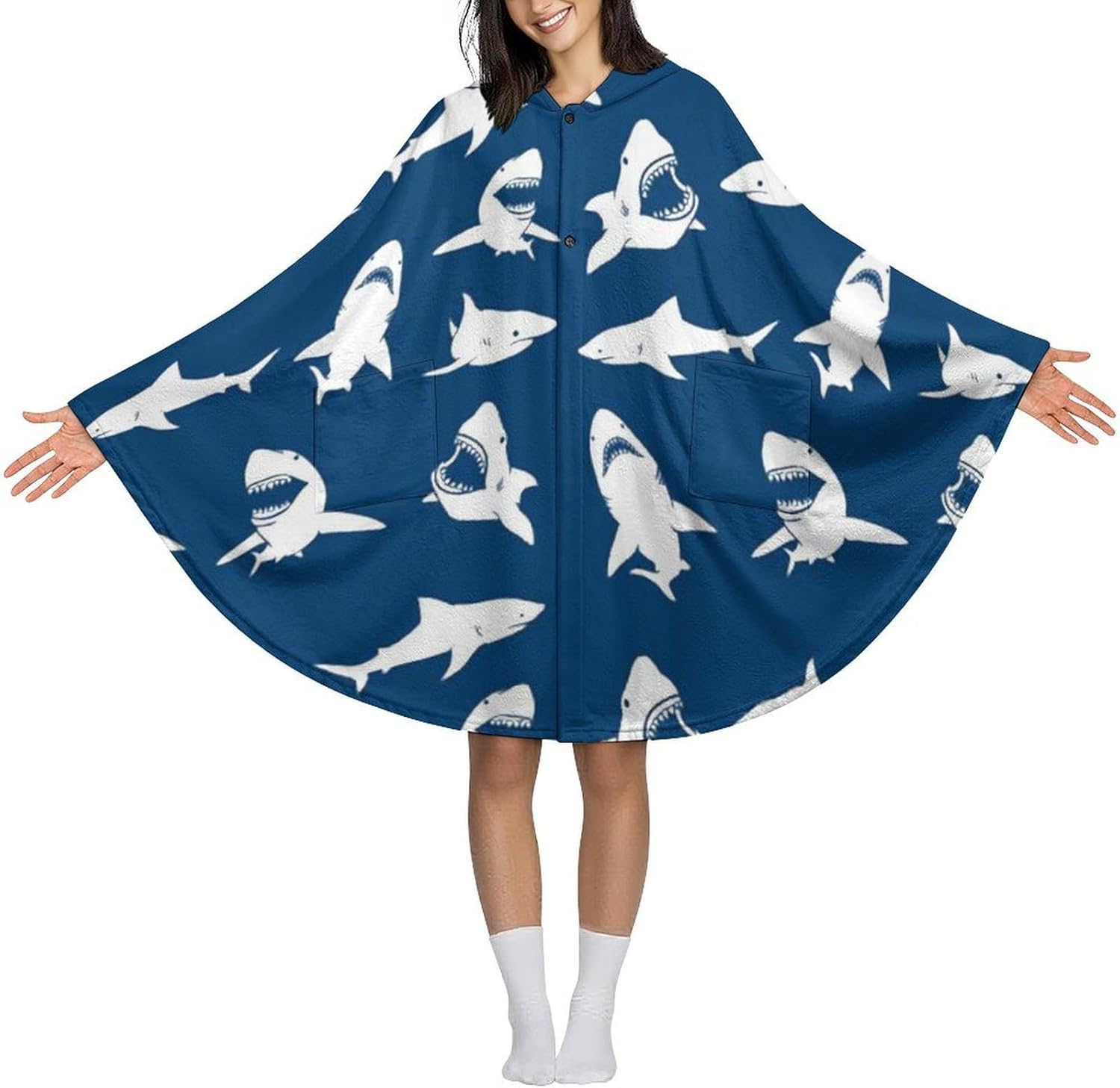 Great White Shark Wearable Blanket with Hooded Flannel Blankets Cape with Pocket