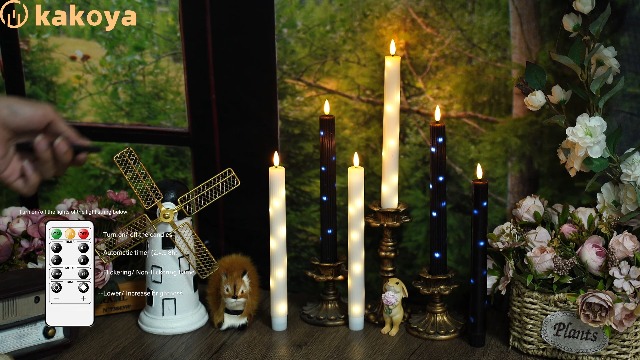 Image of kakoya Real Wax Flameless Taper Candles with Remote Timer,6 Pcs Taper Battery Operated Candle,9.6 Inches LED Candles with Embedded Star String for Home Decor Holiday Party,Black
