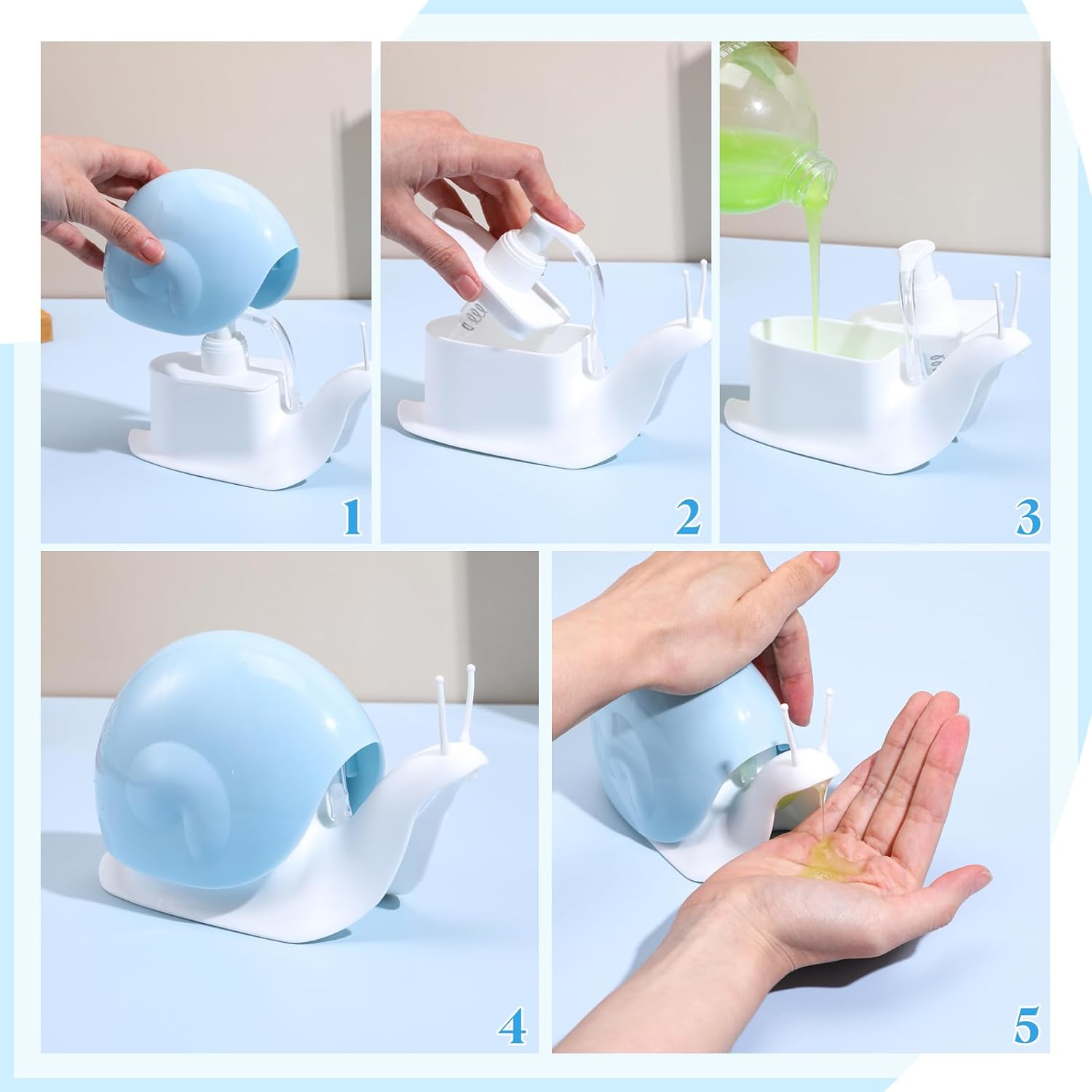 Cute Snail Soap Dispenser Bathroom Liquid Soap Shampoo Bottle Refillable Hand Soap Pump for Encourage Kid Hand Washing Toilet Restaurant Kitchen Birthday Child Gift Office