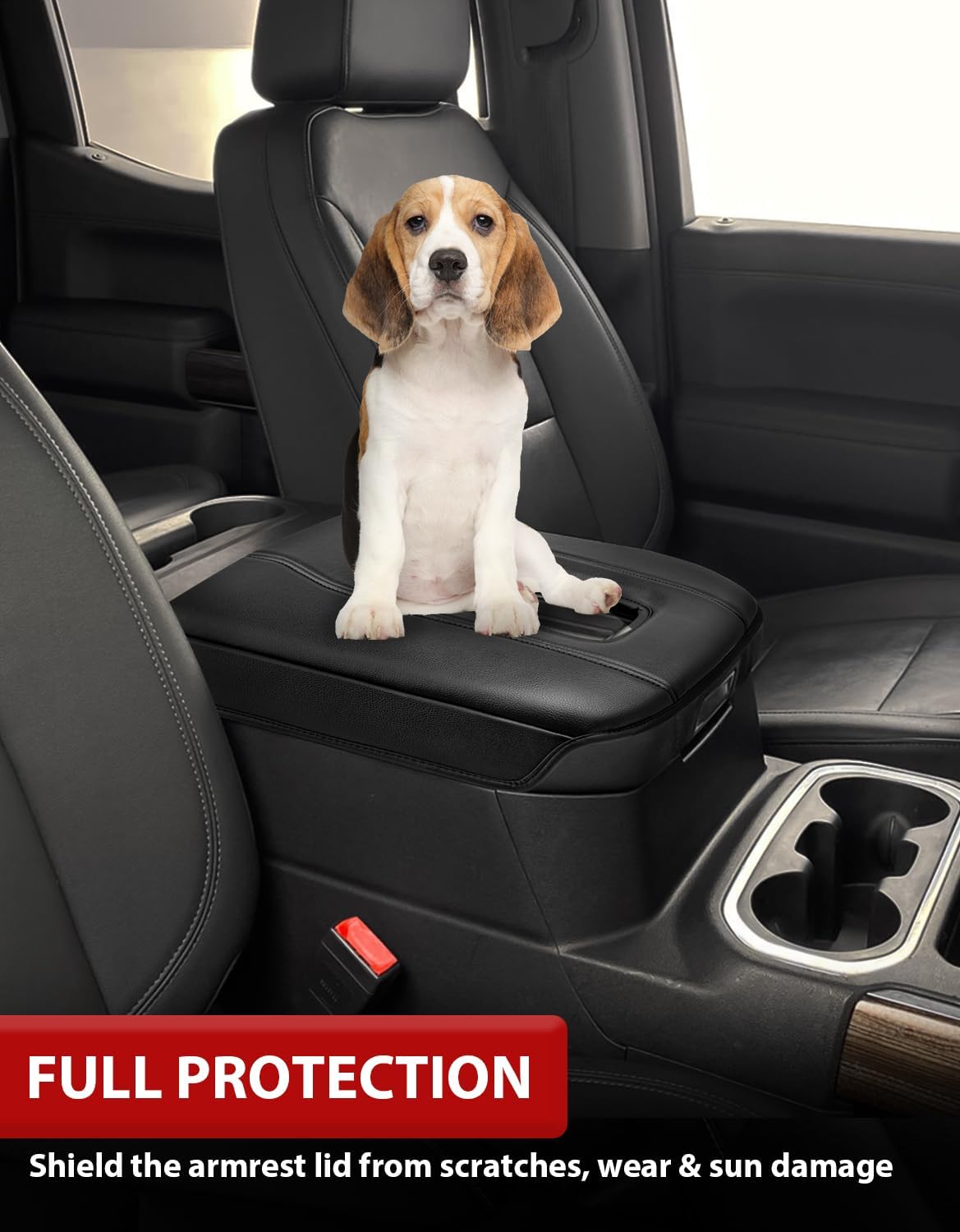 KBH Center Console Armrest Cover Pad for GMC Sierra & Chevy Silverado 2019-2026, Yukon & Tahoe & Suburban 2021-2026, Bucket Seat Console, Middle-Cut, Vinyl Leather, Black