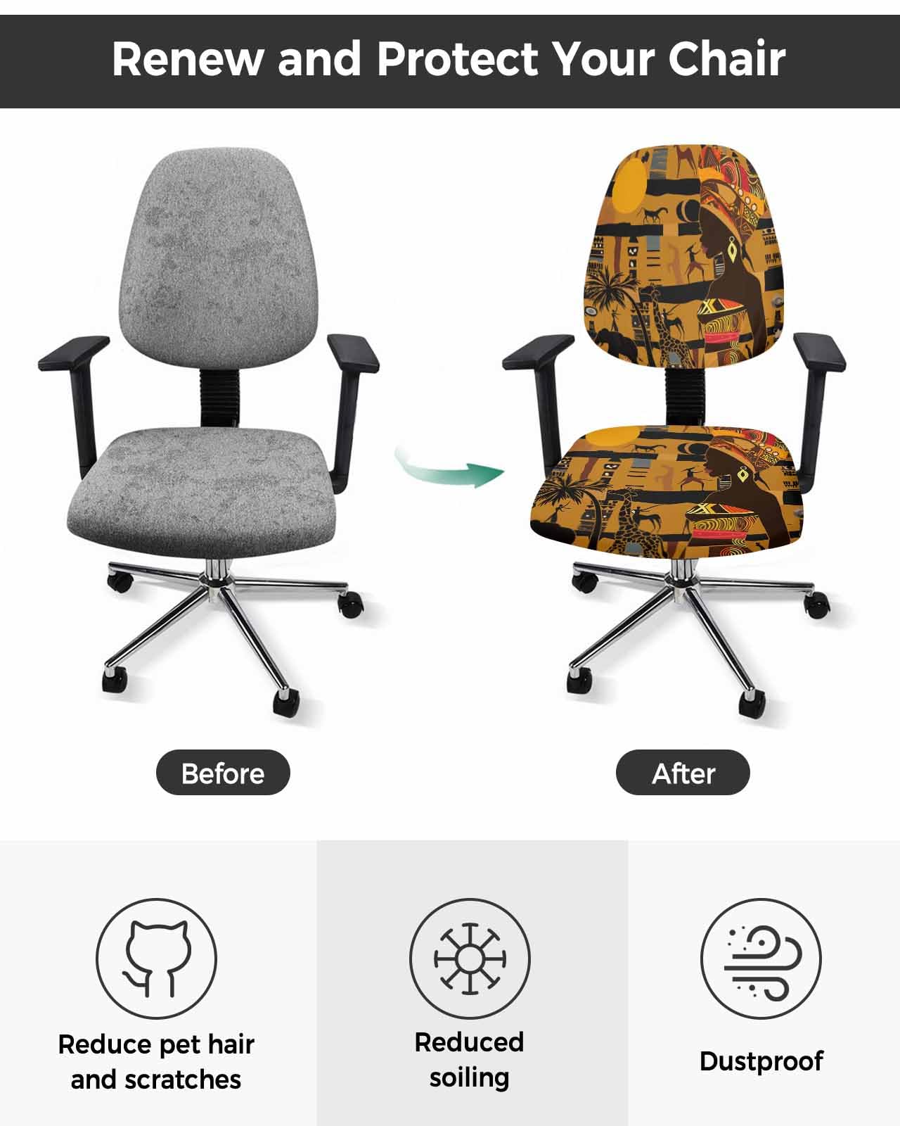 Brown Boho 2 Pieces Computer Office Chair Covers Set,Stretchable Desk Rotating Chair Seat Cushion Slipcover Back Covers,Black African Female Animals Palm Tree Ethnic Slipcover Back Cover Protector
