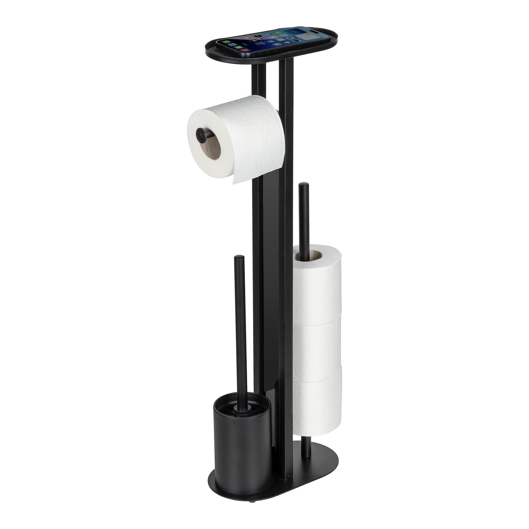 WENKO Stand WC-Garnitur Mod. Orea aus Stahl mit schwarzem Trennglas, WC Bürste, Toilettenpapierhalter, Ersatzrollenhalter für bis zu 4 Rollen und Smartphone-Ablage, stehend, ohne Bohren, schwarz
