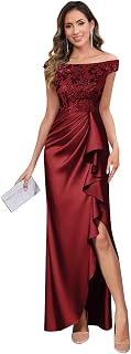 Long Mother if The Bride Dress with Slit Sequin Lace Satin Ruffle Pleated Wedding Guest Dress for Seniors