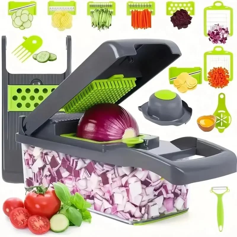 16 in 1 Vegetable Chopper Dicer with Container, Cheese Grater Mandoline Slicer, Stainless Steel Blades, Manual Hand Kitchen Gadget for Onion Potato Fruit