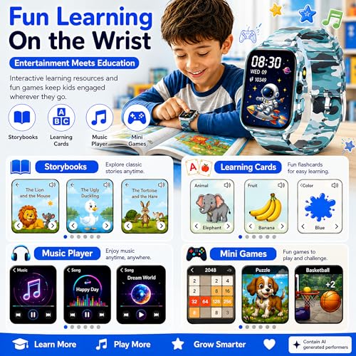 Image of Smart Watch for Kids Boys Age 5-12, Ai Functions Games HD Touch Screen Watches with Video Camera Music Player Pedometer Heart Rate Sleep Tracker Christmas Birthday Gifts for Boys (Camouflage, 1.85 inch)