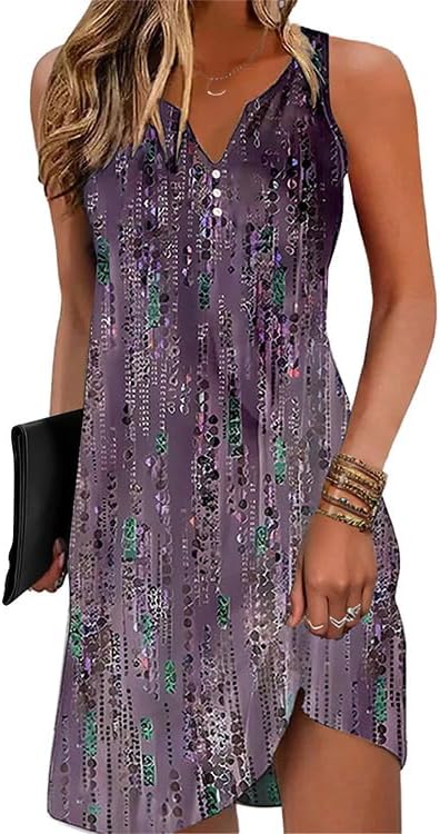 V-Neck Floral Printed Summer A-Line Elegant Dresses Womens Vintage Sleeveless Beach Sundress Ladies Casual Loose Boho Dress