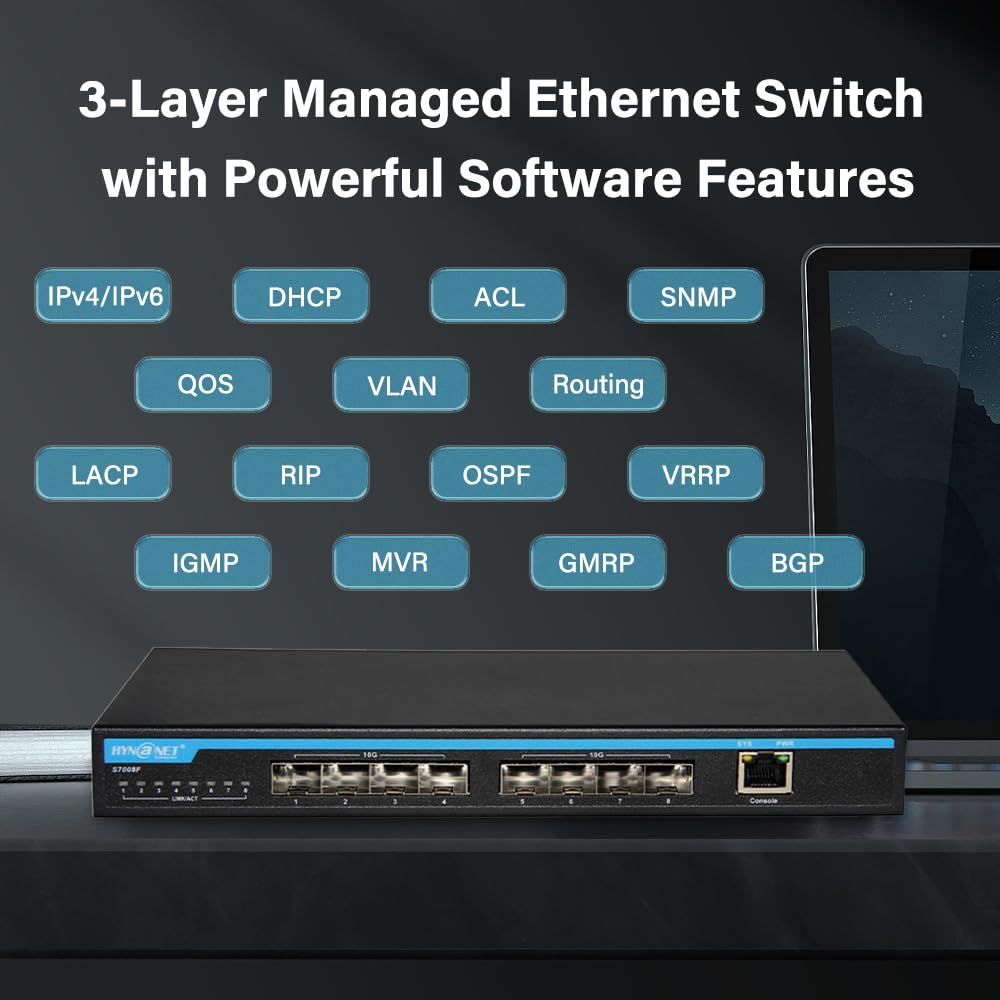 8-Port 10Gb Managed SFP+ Switch, Layer 3 Smart Network Switch mit Lüfter, VLAN/QoS/LACP/ARP/IGMP, Desktop/Wandhalterung